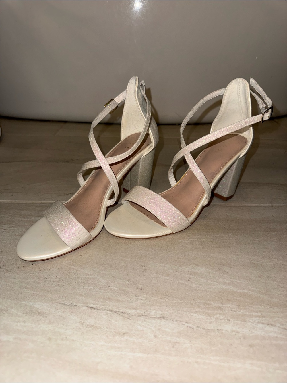 Allegra K Strappy Block Heel Sandals in Ivory with Subtle Shimmer